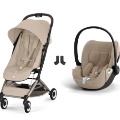 Poussette duo orfeo 3 compacte almond beige avec siège auto cloud t i-size tissu plus