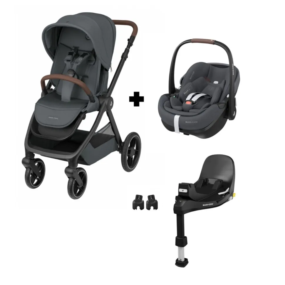 Poussette duo oxford + siège auto pebble 360 pro 2 twillic graphite + base familyfix 360 pro