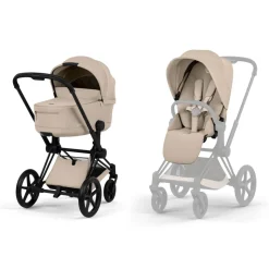 Poussette duo priam 5 avec nacelle pliable châssis matt black cozy beige