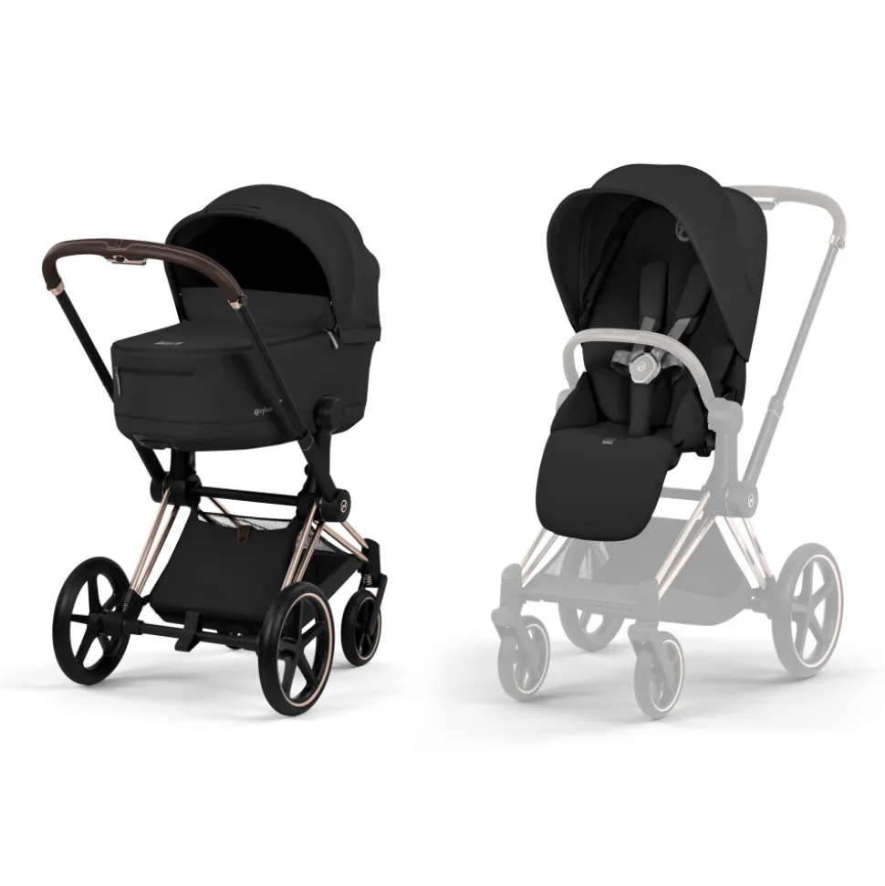 Poussette duo priam 5 avec nacelle pliable châssis rosegold sepia black