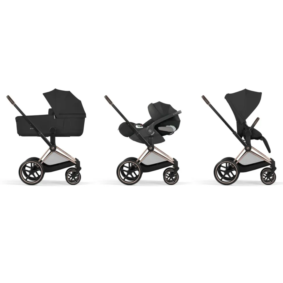 Poussette duo priam 5 avec nacelle pliable châssis rosegold sepia black
