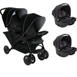 Poussette duo stadium double black grey + 2 sièges auto snugessentials midnight