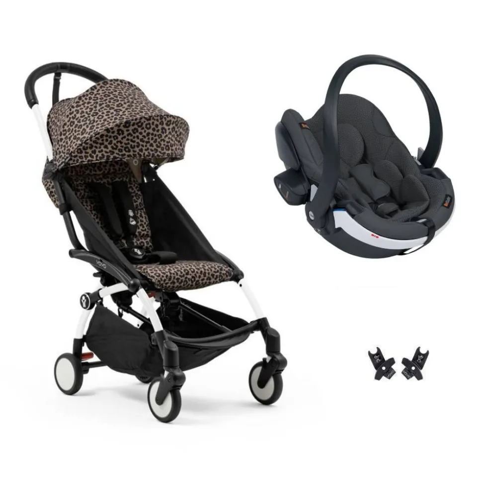Poussette duo yoyo 3 - châssis blanc pack 6+ et siège auto izi go modular x2 by besafe leopard