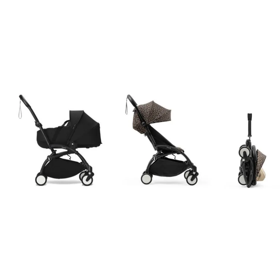 Poussette duo yoyo 3 - châssis noir pack 6+ et nacelle leopard / noir