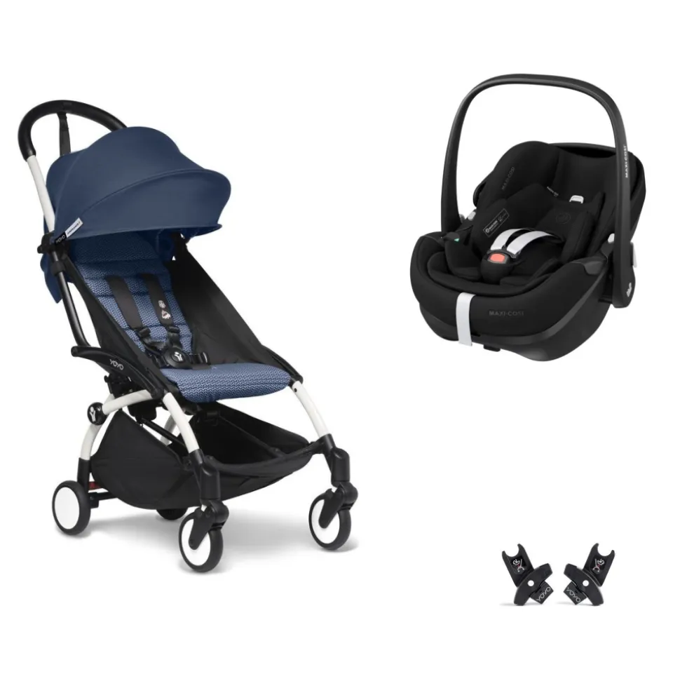 Poussette duo yoyo 3 pack 6+ et siège auto pebble 360 pro² black - chassis blanc - bleu air france