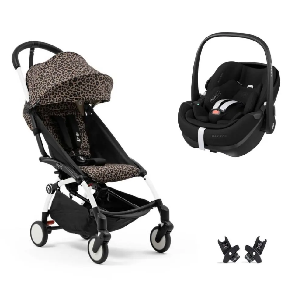 Poussette duo yoyo 3 pack 6+ et siège auto pebble 360 pro² black - chassis blanc - leopard