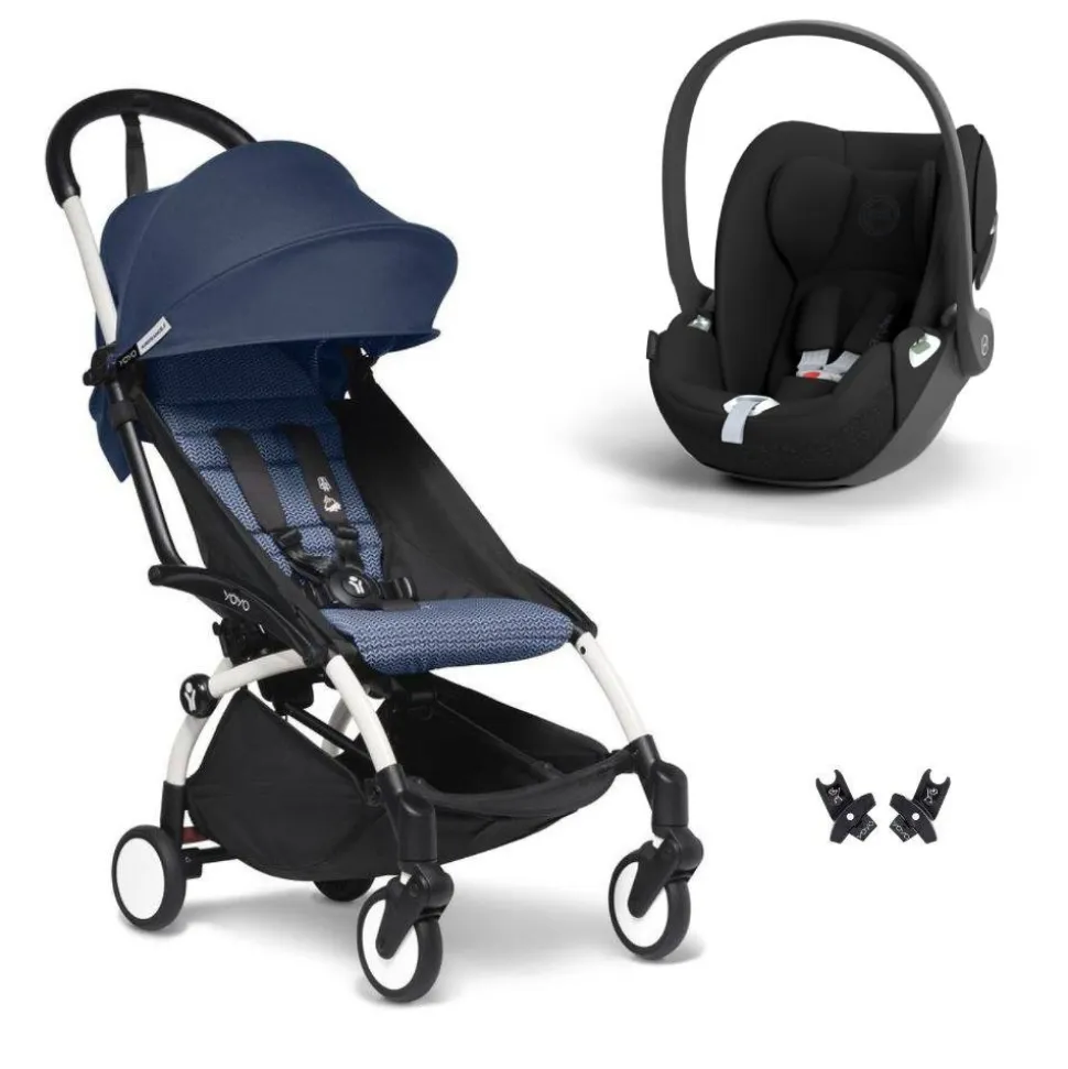 Poussette duo yoyo 3 pack 6+ et siège auto cloud t - chassis blanc - bleu air france