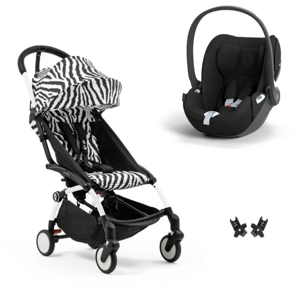 Poussette duo yoyo 3 pack 6+ et siège auto cloud t black - chassis blanc - zebra