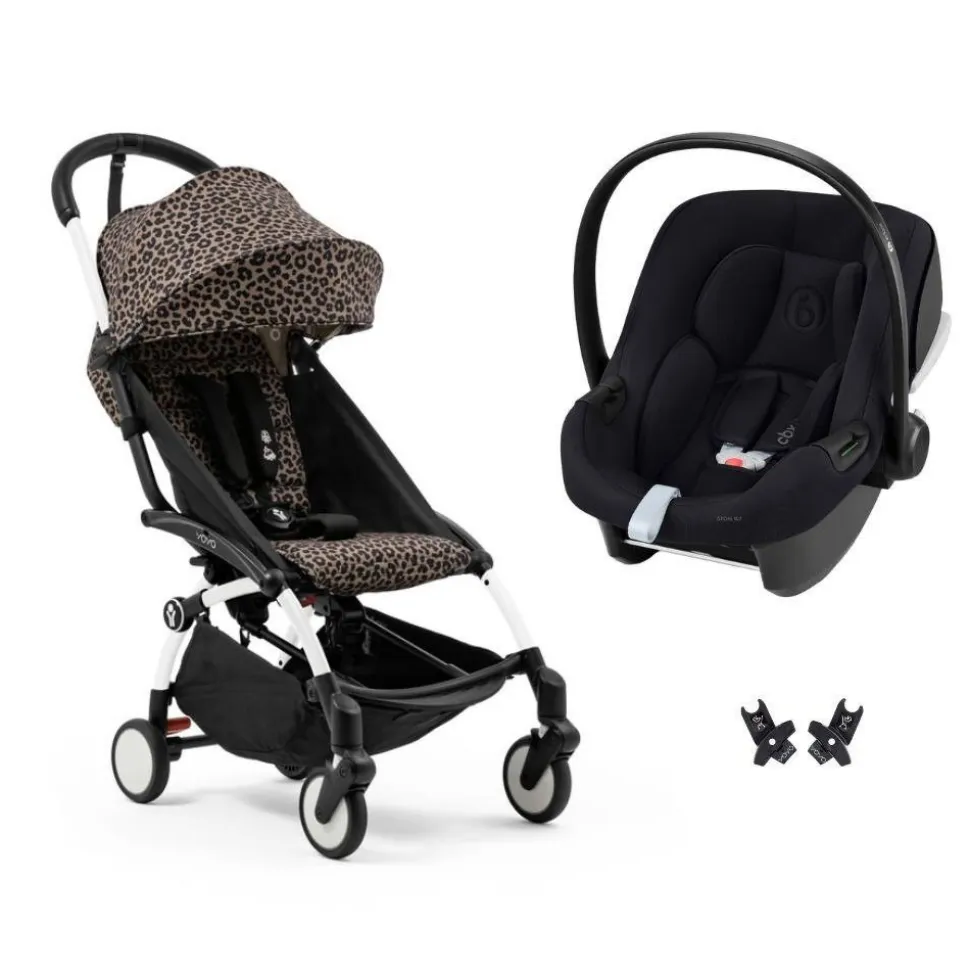 Poussette duo yoyo 3 pack 6+ et siège auto aton b2 black - chassis blanc - leopard