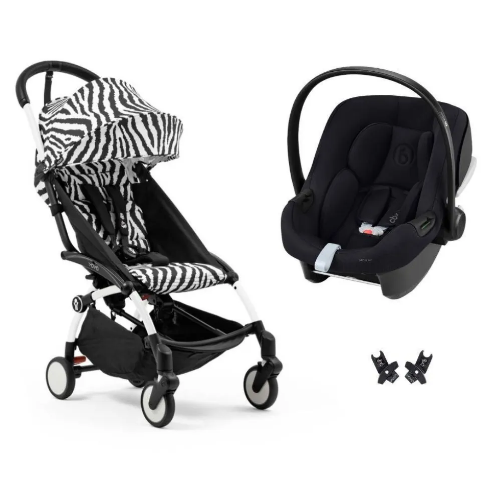 Poussette duo yoyo 3 pack 6+ et siège auto aton b2 black - chassis blanc - zebra