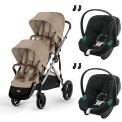 Poussette jumeaux gazelle s almond beige + 2 sièges auto aton b2 i-size