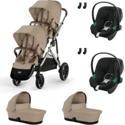 Poussette jumeaux gazelle s almond beige + 2 sièges auto aton b2 i-size + 2 nacelles s