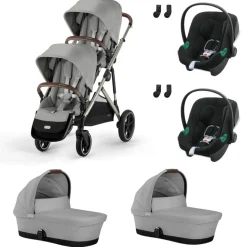 Poussette jumeaux gazelle s stone grey + 2 sièges auto aton b2 i-size + 2 nacelles s