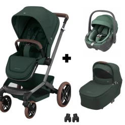 Poussette trio fame + siège auto pebble 360 + nacelle twillic green