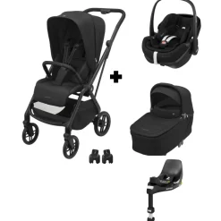 Poussette trio leona 2 + siège auto pebble 360 pro2 + nacelle sense twillic black + base family fix 360 pro