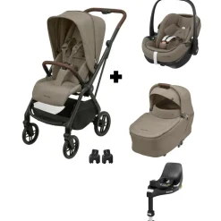 Poussette trio leona 2 + siège auto pebble 360 pro 2 + nacelle sense twillic truffle + base family fix 360 pro