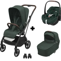 Poussette trio leona 2 + siège auto pebble 360 pro 2 + nacelle sense twillic green