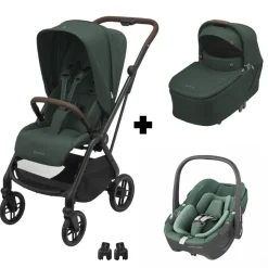 Poussette trio leona 2 + siège auto pebble 360 + nacelle sense green