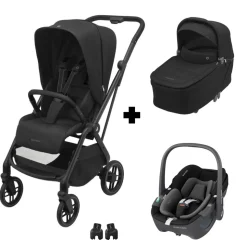 Poussette trio leona 2 + siège auto pebble 360 + nacelle sense black
