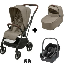 Poussette trio leona 2 truffle + siège auto pebble 360 black + nacelle sense truffle