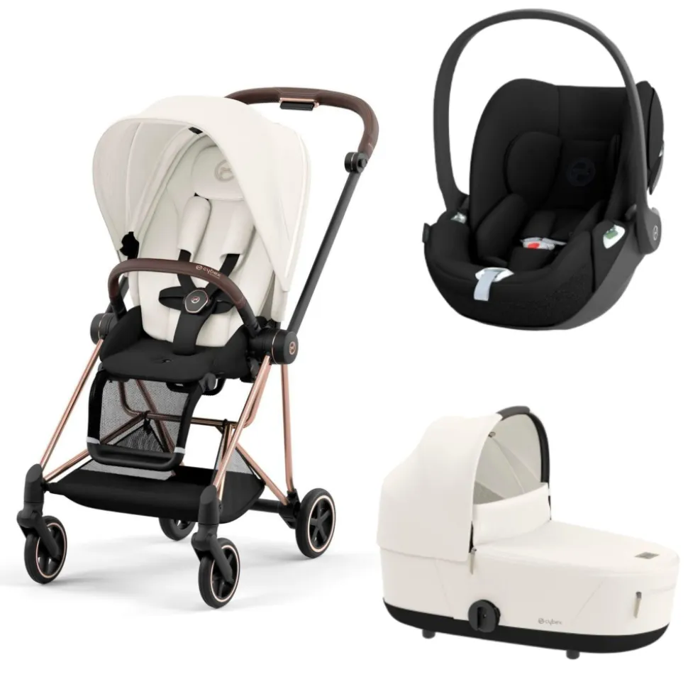 Poussette trio mios 3 off white châssis rose gold + cloud t i-size + nacelle luxe
