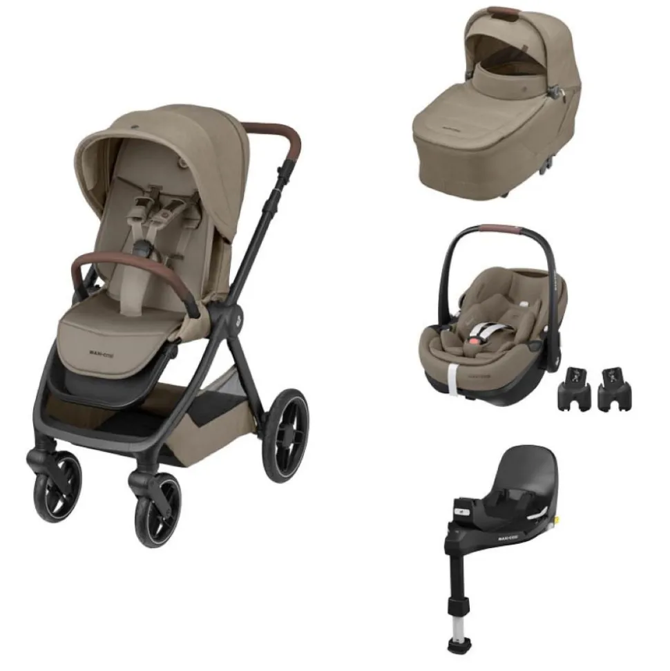 Poussette trio oxford + siège auto pebble 360 pro 2 + nacelle sense twillic truffle + base familyfix 360 pro