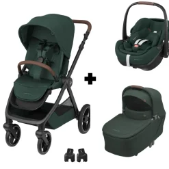 Poussette trio oxford + siège auto pebble 360 pro 2 + nacelle sense twillic green