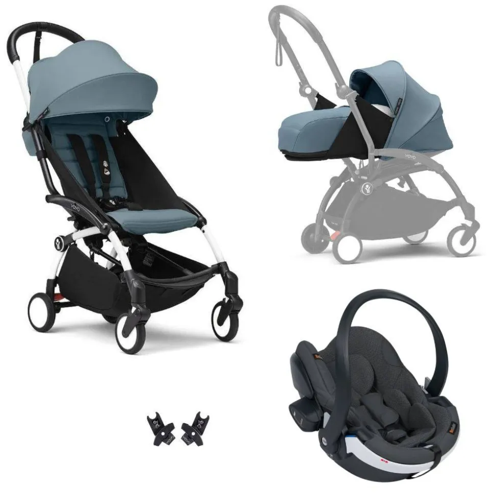 Poussette trio yoyo 3 - châssis blanc pack 0+ & 6+ aqua + siège auto izi go modular x2 by besafe