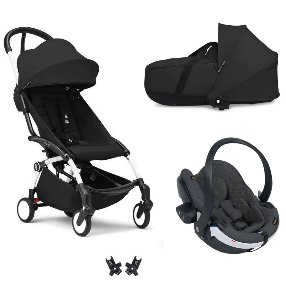 Poussette trio yoyo 3 - châssis blanc pack 6+ siège auto izi go modular x2 by besafe + nacelle noir