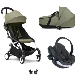 Poussette trio yoyo 3 - châssis blanc pack 6+ siège auto izi go modular x2 by besafe + nacelle olive