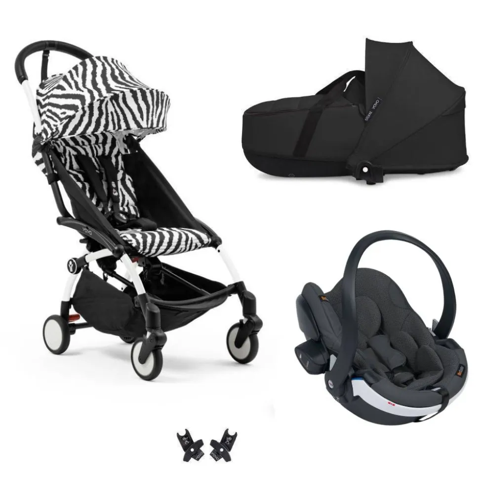 Poussette trio yoyo 3 - châssis blanc pack 6+ siège auto izi go modular x2 by besafe + nacelle zebra / noir