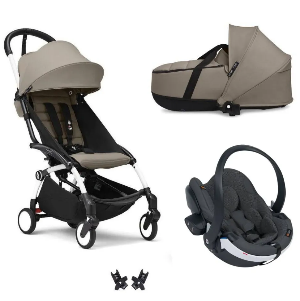 Poussette trio yoyo 3 - châssis blanc pack 6+ siège auto izi go modular x2 by besafe + nacelle taupe