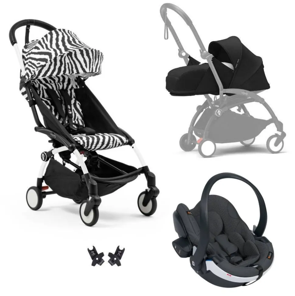 Poussette trio yoyo 3 - châssis blanc pack 0+ & 6+ zebra / noir + siège auto izi go modular x2 by besafe