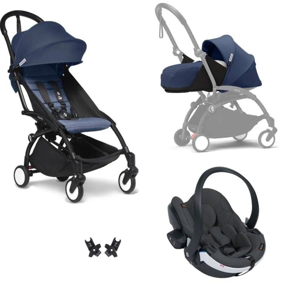 Poussette trio yoyo 3 - châssis noir pack 0+ & 6+ bleu air france + siège auto izi go modular x2 by besafe