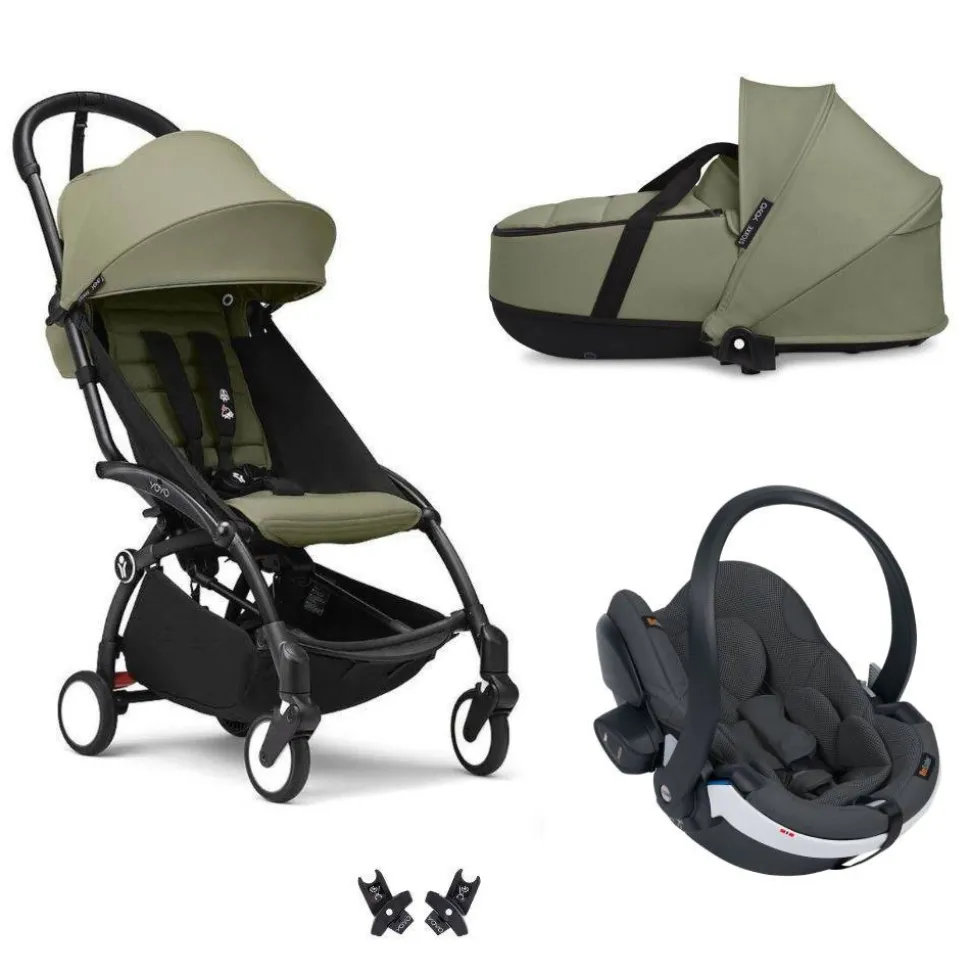 Poussette trio yoyo 3 - châssis noir pack 6+ siège auto izi go modular x2 by besafe + nacelle olive