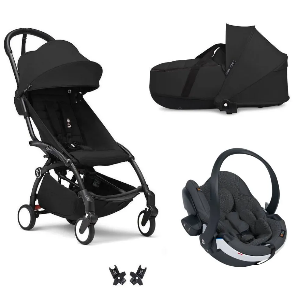 Poussette trio yoyo 3 - châssis noir pack 6+ siège auto izi go modular x2 by besafe + nacelle noir