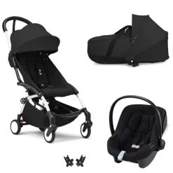 Poussette trio yoyo 3 pack 6+ et siège auto aton b2 black + nacelle yoyo - chassis blanc - noir