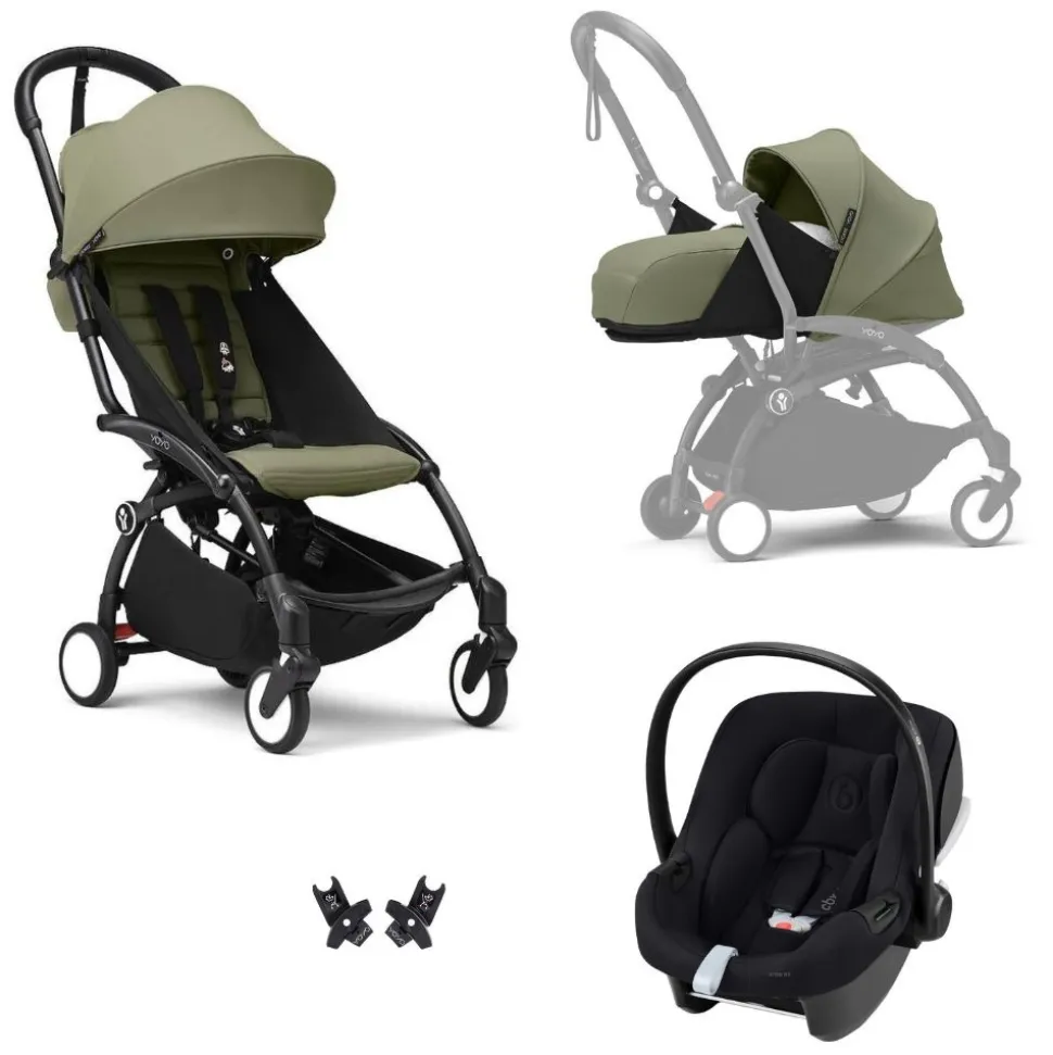Poussette trio yoyo 3 pack 0+ & 6+ et siège auto aton b2 black - châssis noir - olive