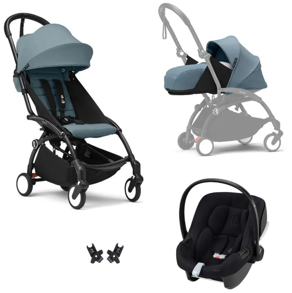 Poussette trio yoyo 3 pack 0+ & 6+ et siège auto aton b2 black - châssis noir - aqua