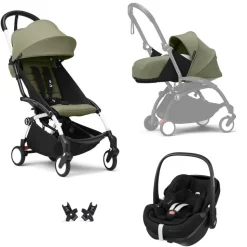 Poussette trio yoyo 3 pack 0+ et 6+ + siège auto pebble 360 pro² black - châssis blanc - olive