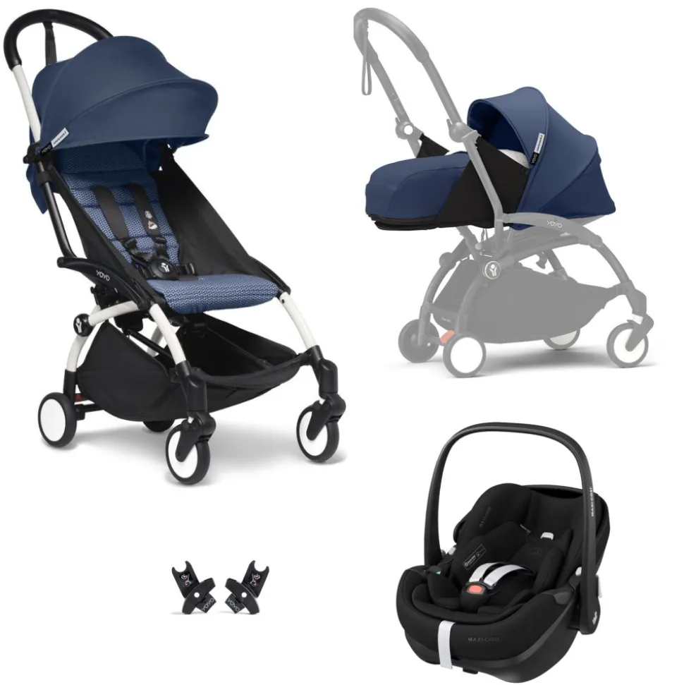 Poussette trio yoyo 3 pack 0+ & 6+ et siège auto aton b2 black - châssis blanc - noir