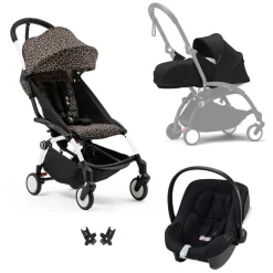Poussette trio yoyo 3 pack 0+ & 6+ et siège auto aton b2 black - châssis blanc - leopard / noir