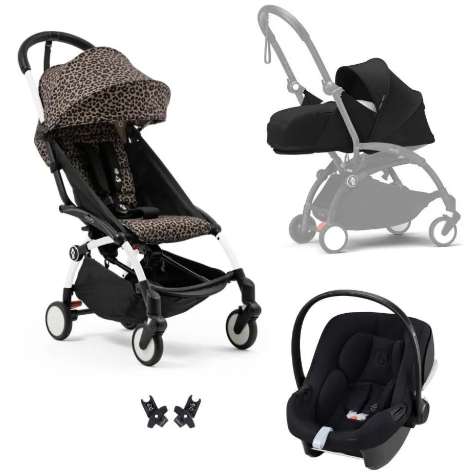 Poussette trio yoyo 3 pack 0+ & 6+ et siège auto aton b2 black - châssis blanc - leopard / noir