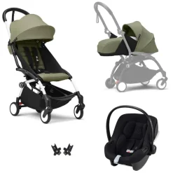 Poussette trio yoyo 3 pack 0+ & 6+ et siège auto aton b2 black - châssis blanc - olive