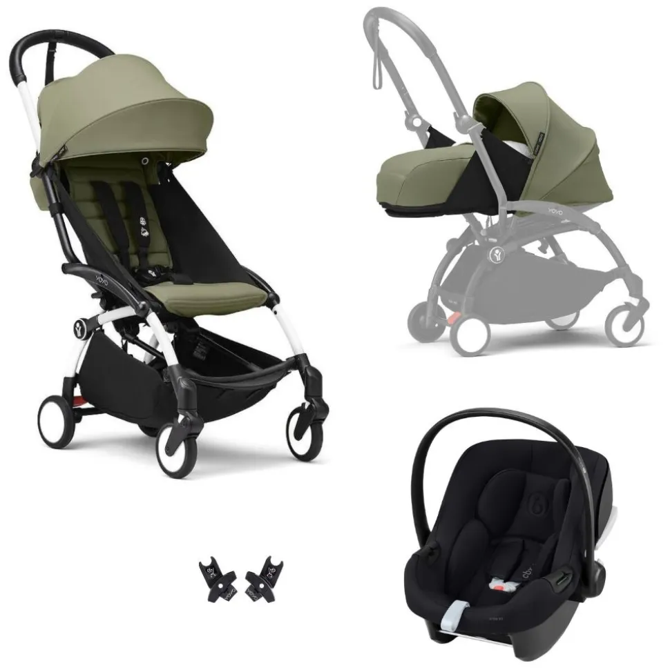 Poussette trio yoyo 3 pack 0+ & 6+ et siège auto aton b2 black - châssis blanc - olive