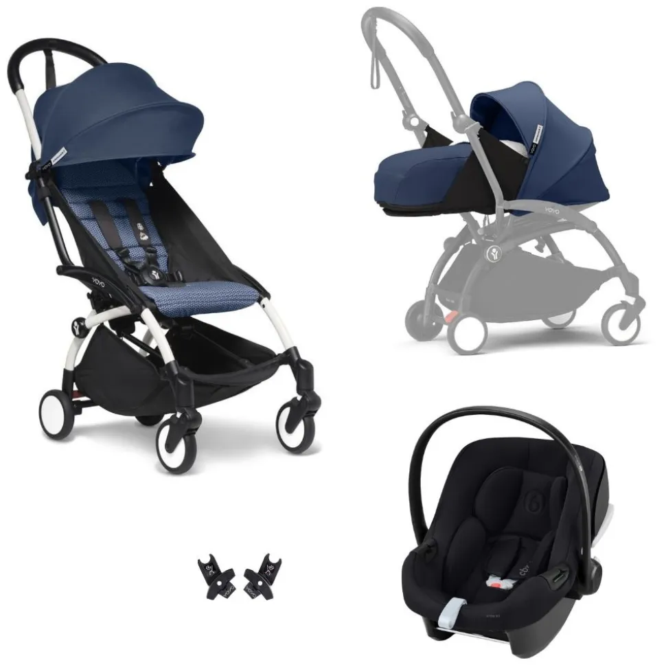 Poussette trio yoyo 3 pack 0+ & 6+ et siège auto aton b2 black - châssis blanc - bleu air france