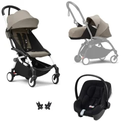 Poussette trio yoyo 3 pack 0+ & 6+ et siège auto aton b2 black - châssis blanc - taupe