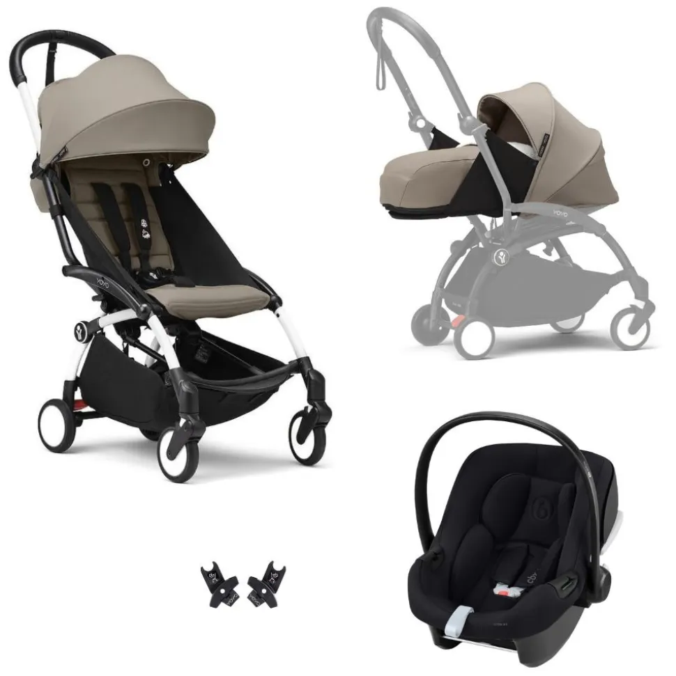 Poussette trio yoyo 3 pack 0+ & 6+ et siège auto aton b2 black - châssis blanc - taupe