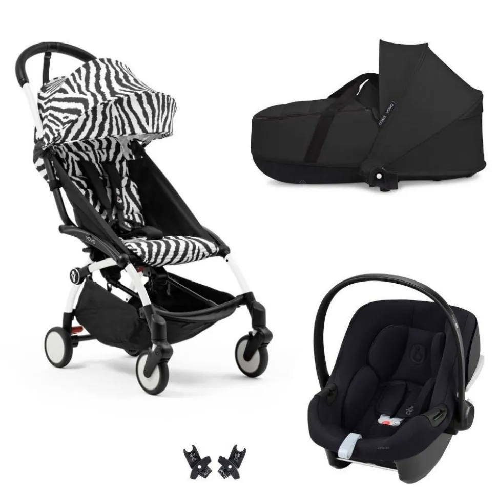 Poussette trio yoyo 3 pack 6+ et siège auto aton b2 black + nacelle yoyo - chassis blanc - zebra / noir