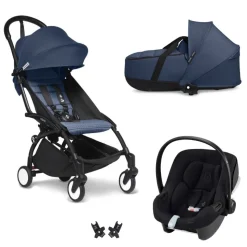 Poussette trio yoyo 3 pack 6+ et siège auto aton b2 black + nacelle yoyo - chassis noir - bleu air france